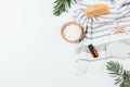 Bath towel with bowl of sea salt, bottle of essential oil and zero waste hygiene accessories Royalty Free Stock Photo