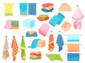 Bath towel. Hand kitchen towels, textile cloth for spa, beach, shower fabric rolls lying in stack. Cartoon vector set