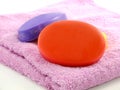 Bath towel and soap bars selective focus Royalty Free Stock Photo