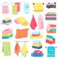 Bath towels. Fabric cartoon fluffy bath textile. Bathroom, kitchen soft fabric towels vector illustration icons set