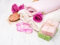 Bath towels, salt and soap Royalty Free Stock Photo