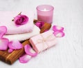 Bath towels and soap with pink roses Royalty Free Stock Photo