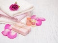 Bath towels, soap with pink roses Royalty Free Stock Photo