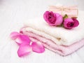 Bath towels and soap with pink roses Royalty Free Stock Photo