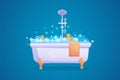 Bath tub, bubble foam, soap and towel. Wash in bathroom, hot water in bathtub, cute yellow shower duck, relax time Royalty Free Stock Photo