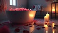 a bath tub filled with lots of rose petals next to a lit candl Royalty Free Stock Photo