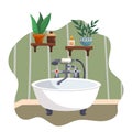 Bath Tub, Modern Bathroom Interior Design At Home Or Hotel Apartment With Plants On Shelves And Candle Royalty Free Stock Photo