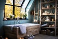 Bath upholstered in light wood near the window in the bathroom with blue walls