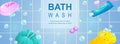 Bath wash horizontal web banner. Bubbles foam, soap, sponge, toothpaste, toothbrush and other hygiene products in bathroom. Vector