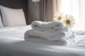 modern welcome towel bedchamber bath comfortable spa window flower bed. Generative AI. Royalty Free Stock Photo