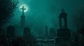 Foggy graveyard at night with full moon. Halloween concept.