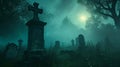 Foggy graveyard at night with full moon. Halloween concept.