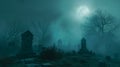 Foggy graveyard at night with full moon. Halloween concept.