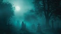 Foggy graveyard at night with full moon. Halloween concept.