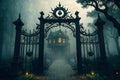 A vintage and spooky gate, leading to dark and mysterious mansion. Steampunk, gothic atmosphere. Halloween concept