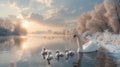 A serene winter morning finds a majestic white swan and its tiny gray chicks gracefully navigating the icy waters of a frozen lake Royalty Free Stock Photo