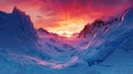 A beautiful winter landscape of snow-capped mountains at sunset