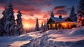 Sunset Serenity: Cabin\'s Festive Embrace Amidst Snow