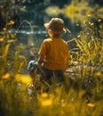 Bathed in the golden light of sunset, a young fisherman enjoys the tranquility of a riverside retreat, surrounded by the