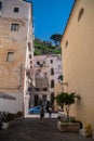Bathed in the Italian summer sun, the embankment in the resort town of Amalfi, Italy