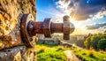Ancient Rusty Bolt on a Stone Wall at Sunset Royalty Free Stock Photo