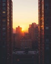 Apartment buildings in the city at sunset, vintage toned.