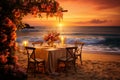 Bathed in warm sunset hues, an elegant beach dining experience exudes love and relaxation