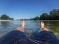 Bather immersed in the river in the summer