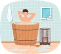 Bathhouse or banya at home interior design. Guy in barrel resting in sauna. Man in hot steam