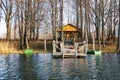 Bathhouse on the lake with its jetty and bath Royalty Free Stock Photo