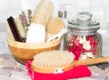 Bathing accessories with rose petal potpourri Royalty Free Stock Photo