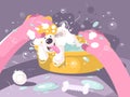 Bathing dog in basin with water Royalty Free Stock Photo