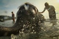 Bathing elephants in the sea on Ko Cang island Royalty Free Stock Photo