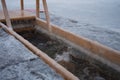 Bathing process on the Orthodox holiday Epiphany. There is a font in the lake. Royalty Free Stock Photo