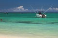 Bathing zone, powerboat, ocean. Trou aux Biches, Mauritius Royalty Free Stock Photo