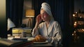 Bathrobe freelancer reading pc home closeup. Serious woman watching computer