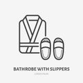 Bathrobe with slippers flat line icon. Spa hotel service vector illustration. Thin sign of home textile, robe pictogram