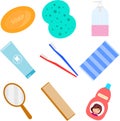 Bathroom accessories. Accessories for washing in the bathroom. Washcloth, comb, toothbrush, shampoo. Royalty Free Stock Photo