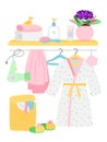 Bathroom accessories, hygiene items, bathrobe, laundry basket vector illustration