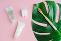 bathroom accessories, natural organic herbal toothpaste, bamboo toothbrush on monstera leaf on pink background. eco-friendly house Royalty Free Stock Photo