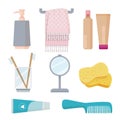 Bathroom accessories. Personal hygiene items toothbrush paste sponge towel gel soap vector cartoon set