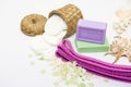 Bathroom accessories in purple tones Royalty Free Stock Photo