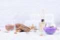 Bathroom accessories. Spa and beauty theatment products. Concept of natural spa cosmetics and organic threatment bodycare Royalty Free Stock Photo