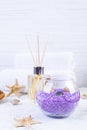 Bathroom accessories. Spa and beauty theatment products. Concept of natural spa cosmetics and organic threatment bodycare Royalty Free Stock Photo