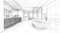 Modern Bathroom Design Sketch - Bathtub and Vanity Blueprint Royalty Free Stock Photo