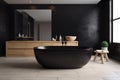 luxury furniture interior bathroom black 3d bathtub wood modern home design. Generative AI. Royalty Free Stock Photo