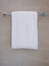Bathroom bath towels hanging in bathroom. Towel napkin hanging on stainless steel rack in restroom. Royalty Free Stock Photo