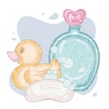 Bathroom and bathing set, rubber duck, soap, shampoo bottle, soap bubbles