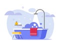 Bathroom bathtub shower vector flat or bath tub room cartoon modern illustration interior graphic with steam foam soap water