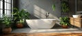 Bathroom with bathtub, sink, and houseplants in flowerpots